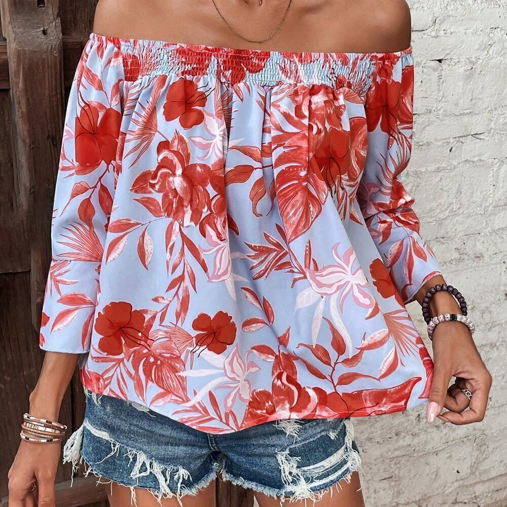 Multicolor Boho Women's Off Shoulder Blouse With Tropical Plant Print - Picture 4 of 6
